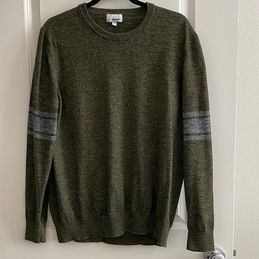 Sonoma Olive Crewneck Sweater with Gray Stripes